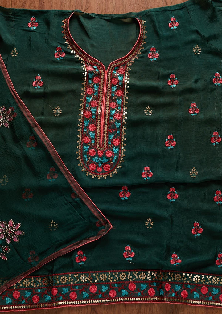 Bottle Green Mirrorwork Semi Crepe Designer Unstitched Salwar Suit - koskii