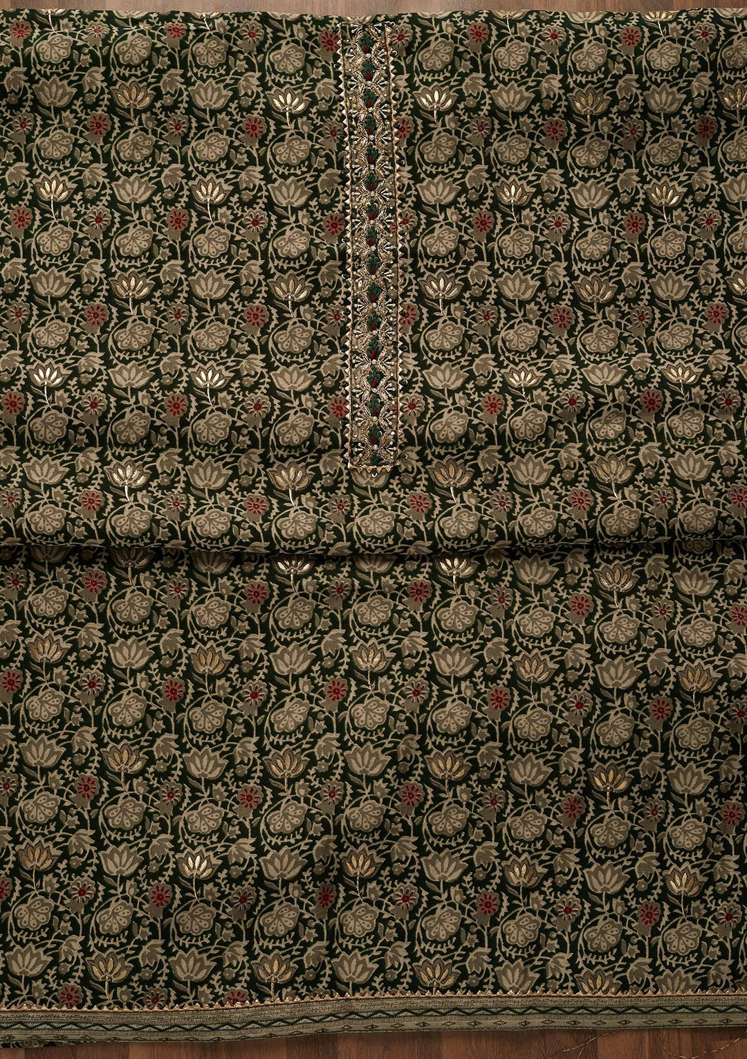 Bottle Green Print Cotton Unstitched Salwar Suit-Koskii