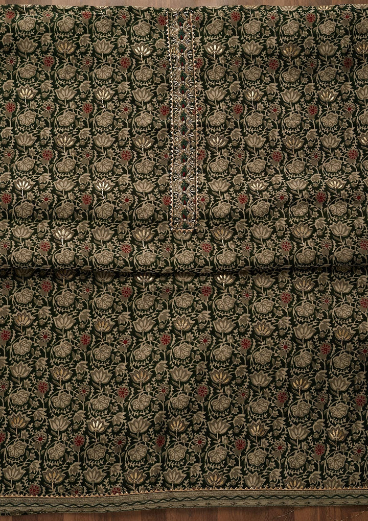 Bottle Green Print Cotton Unstitched Salwar Suit-Koskii