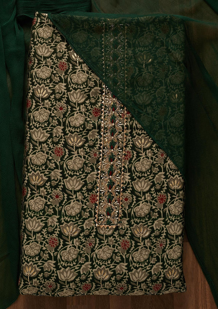Bottle Green Print Cotton Unstitched Salwar Suit-Koskii