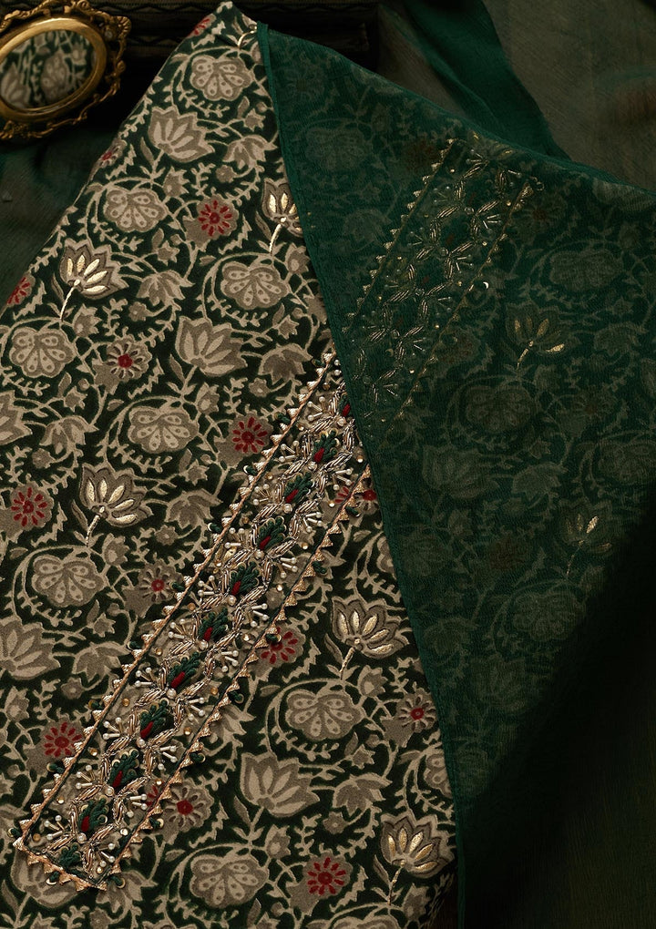 Bottle Green Print Cotton Unstitched Salwar Suit-Koskii