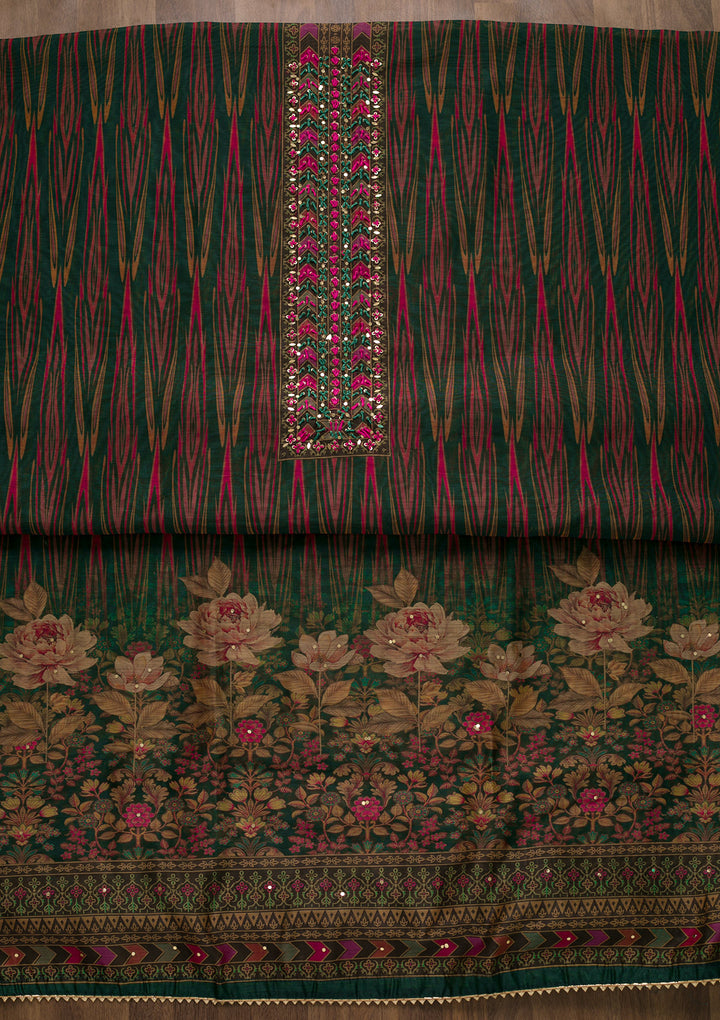Bottle Green Printed Art Silk Semi-Stitched Salwar Suit-Koskii