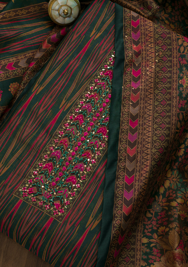 Bottle Green Printed Art Silk Semi-Stitched Salwar Suit-Koskii