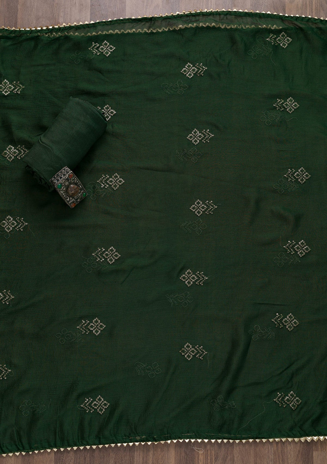 Bottle Green Printed Art Silk Unstitched Salwar Suit-Koskii