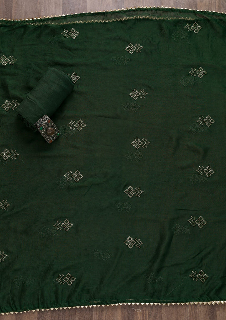 Bottle Green Printed Art Silk Unstitched Salwar Suit-Koskii