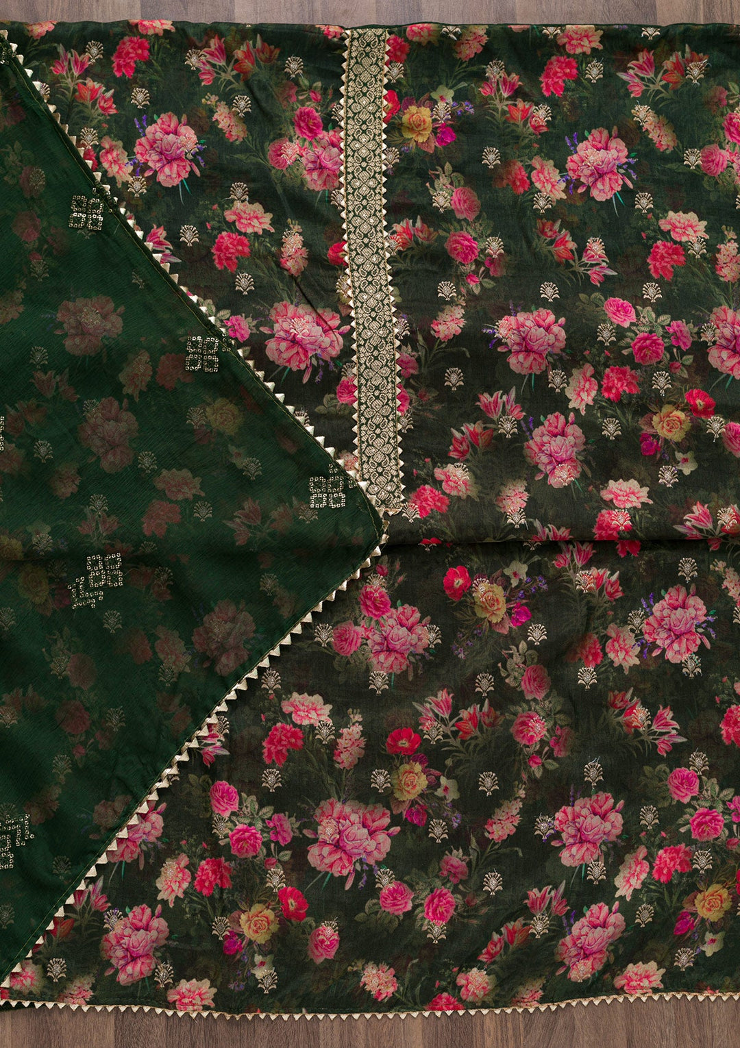 Bottle Green Printed Art Silk Unstitched Salwar Suit-Koskii