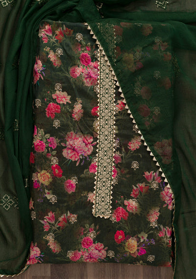 Bottle Green Printed Art Silk Unstitched Salwar Suit-Koskii