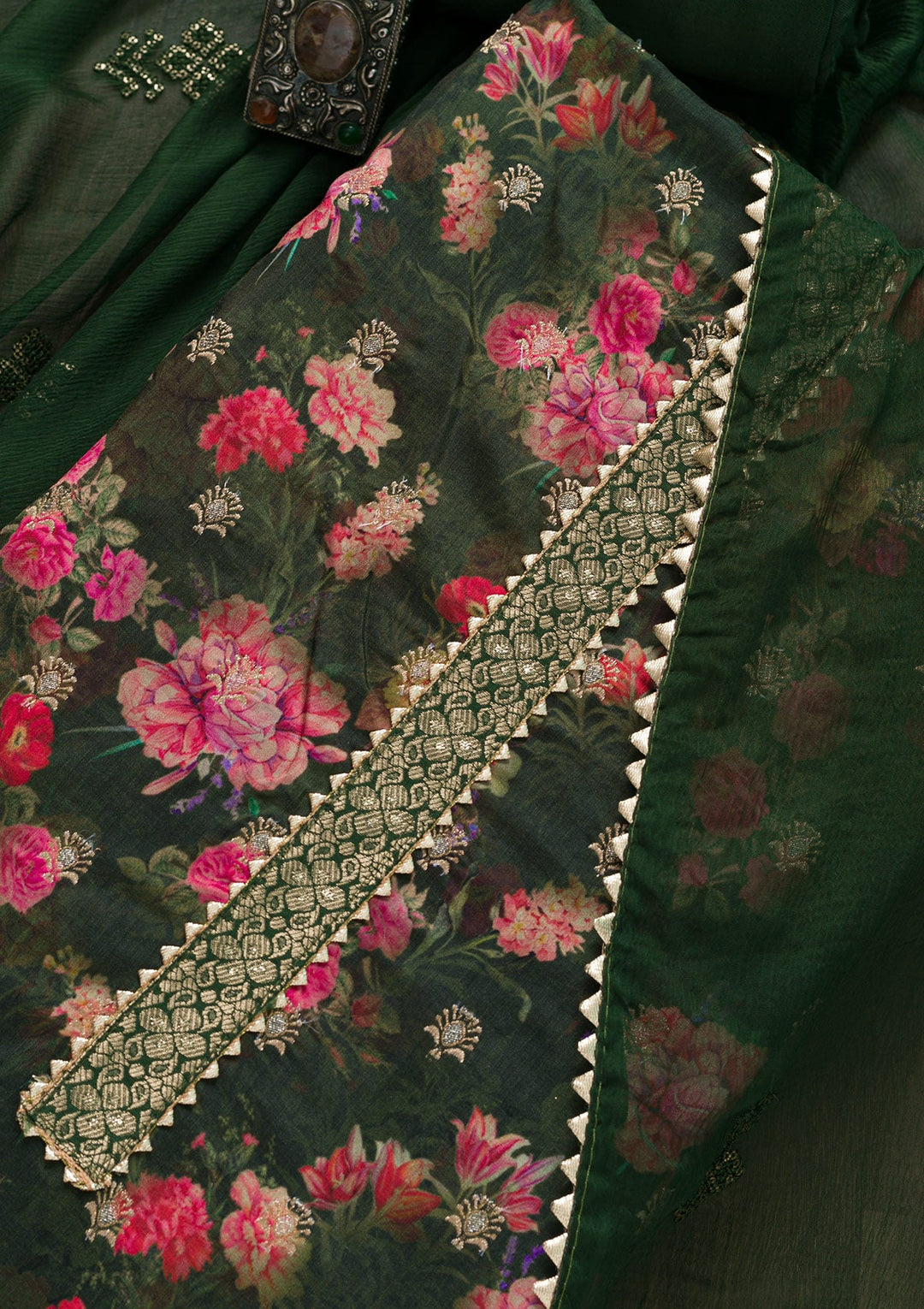 Bottle Green Printed Art Silk Unstitched Salwar Suit-Koskii