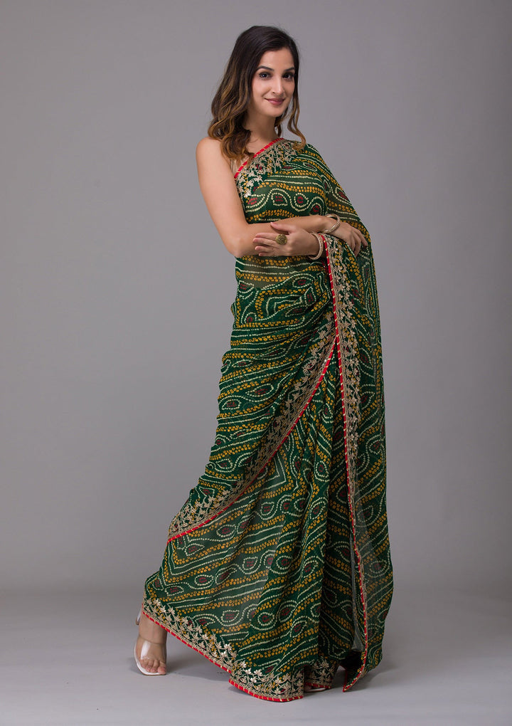 Bottle Green Printed Georgette Saree-Koskii