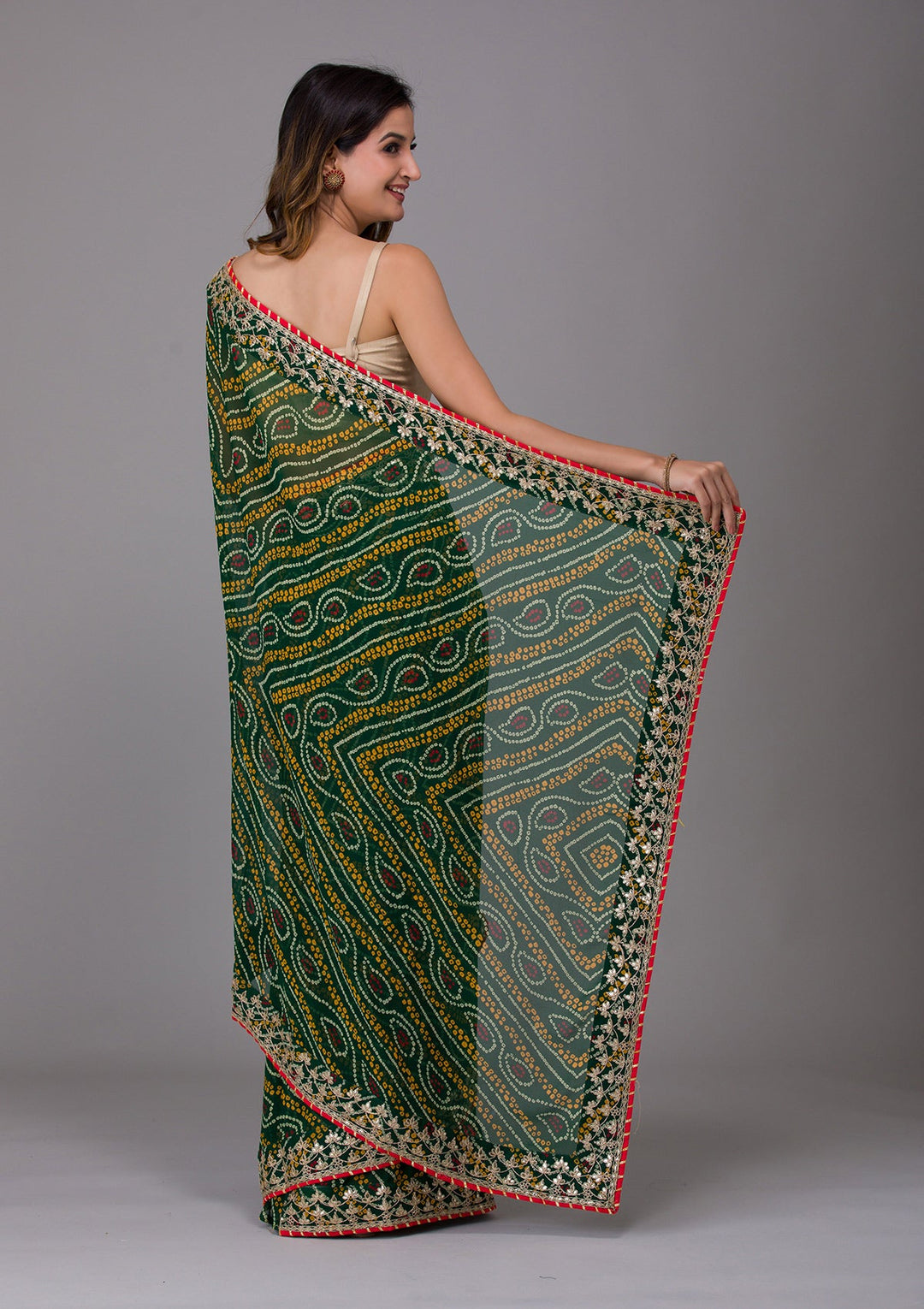 Bottle Green Printed Georgette Saree-Koskii