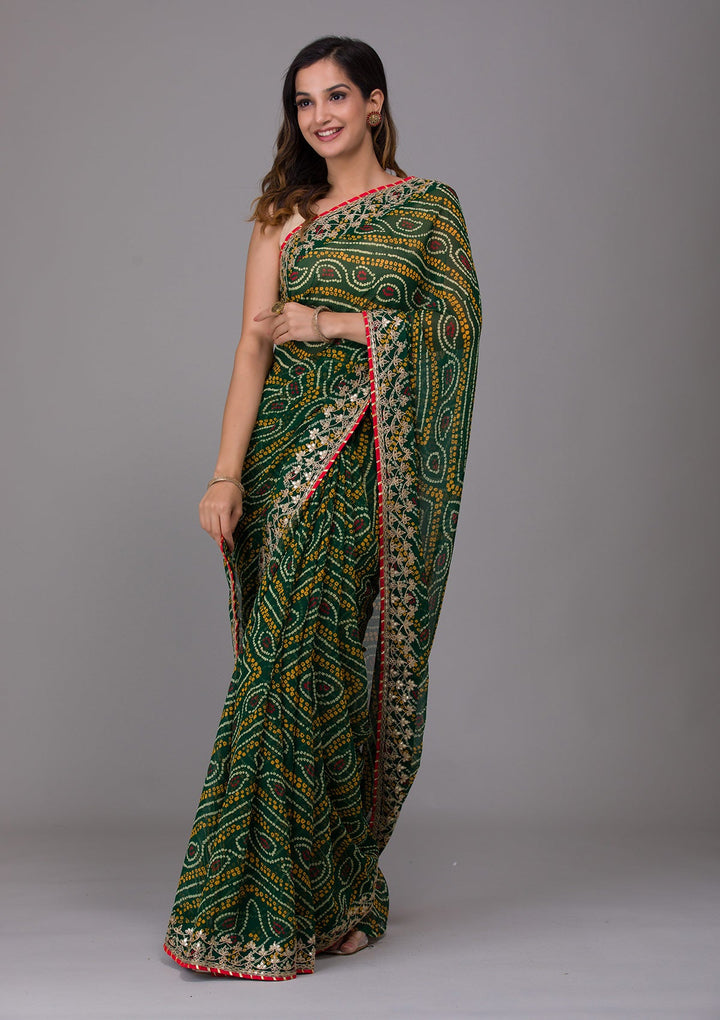 Bottle Green Printed Georgette Saree-Koskii