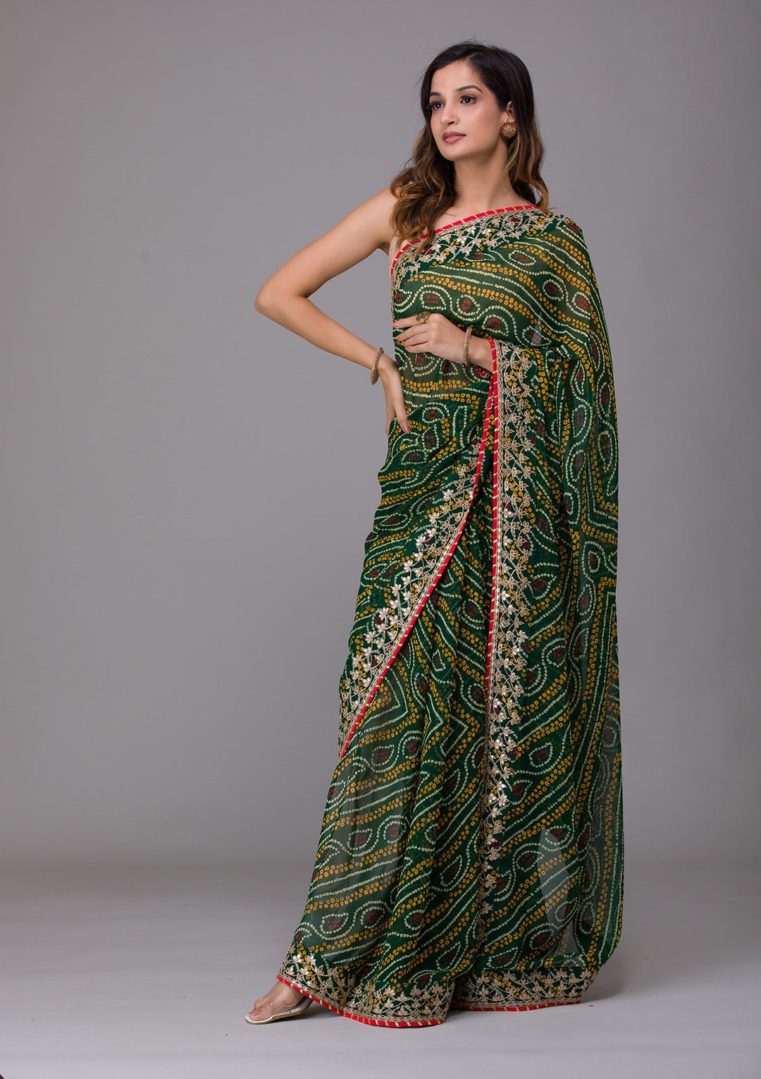 Bottle Green Printed Georgette Saree-Koskii