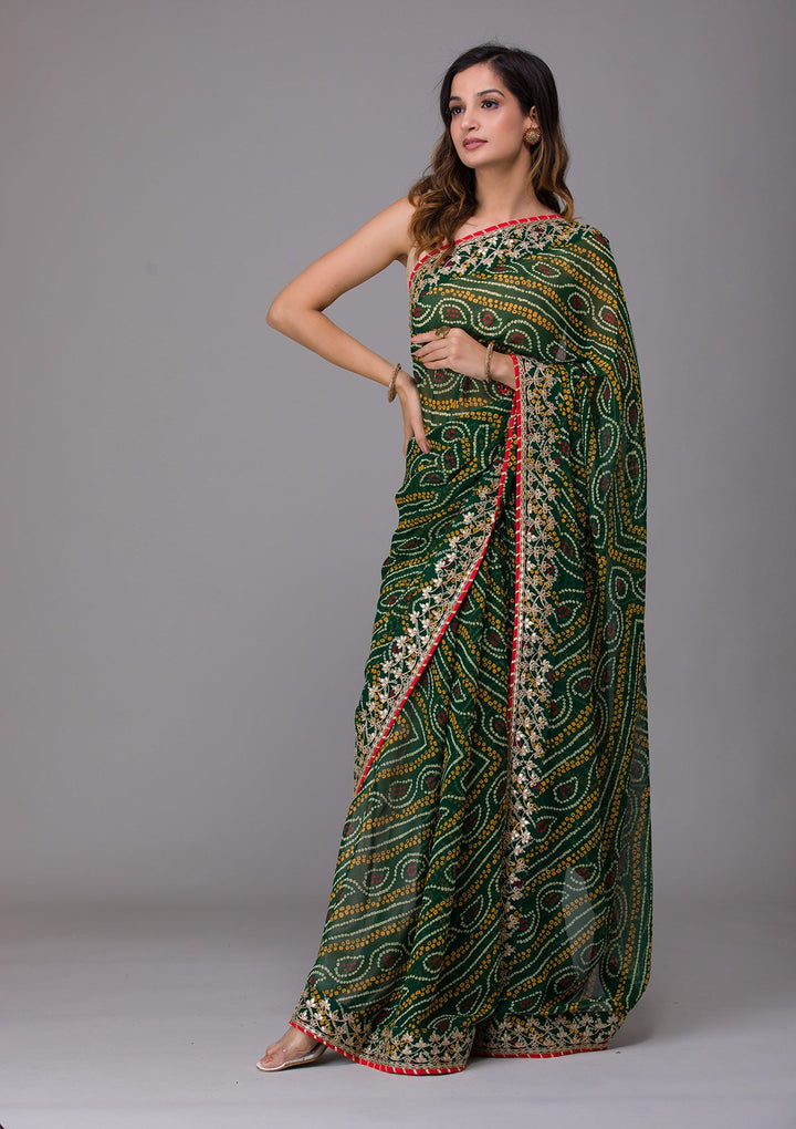 Bottle Green Printed Georgette Saree-Koskii