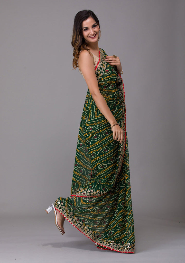 Bottle Green Printed Georgette Saree-Koskii