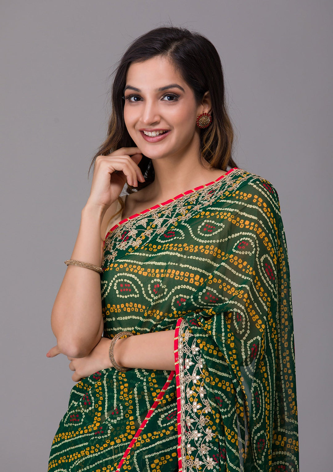 Bottle Green Printed Georgette Saree-Koskii