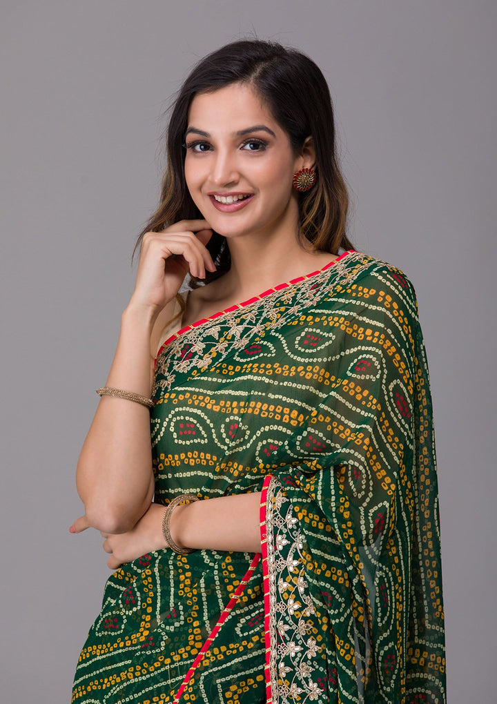 Bottle Green Printed Georgette Saree-Koskii
