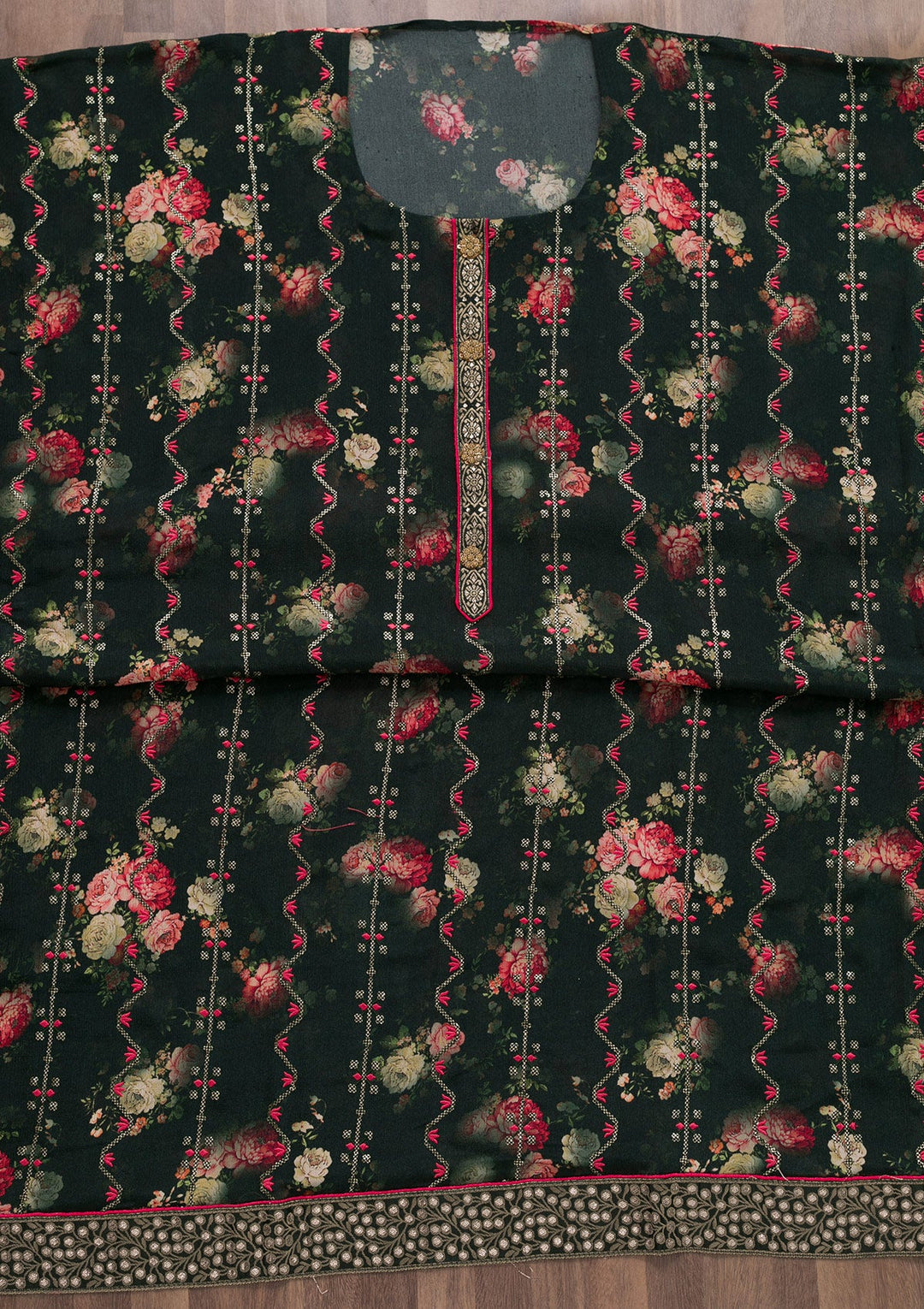 Bottle Green Printed Semi Crepe Semi-Stitched Salwar Suit-Koskii
