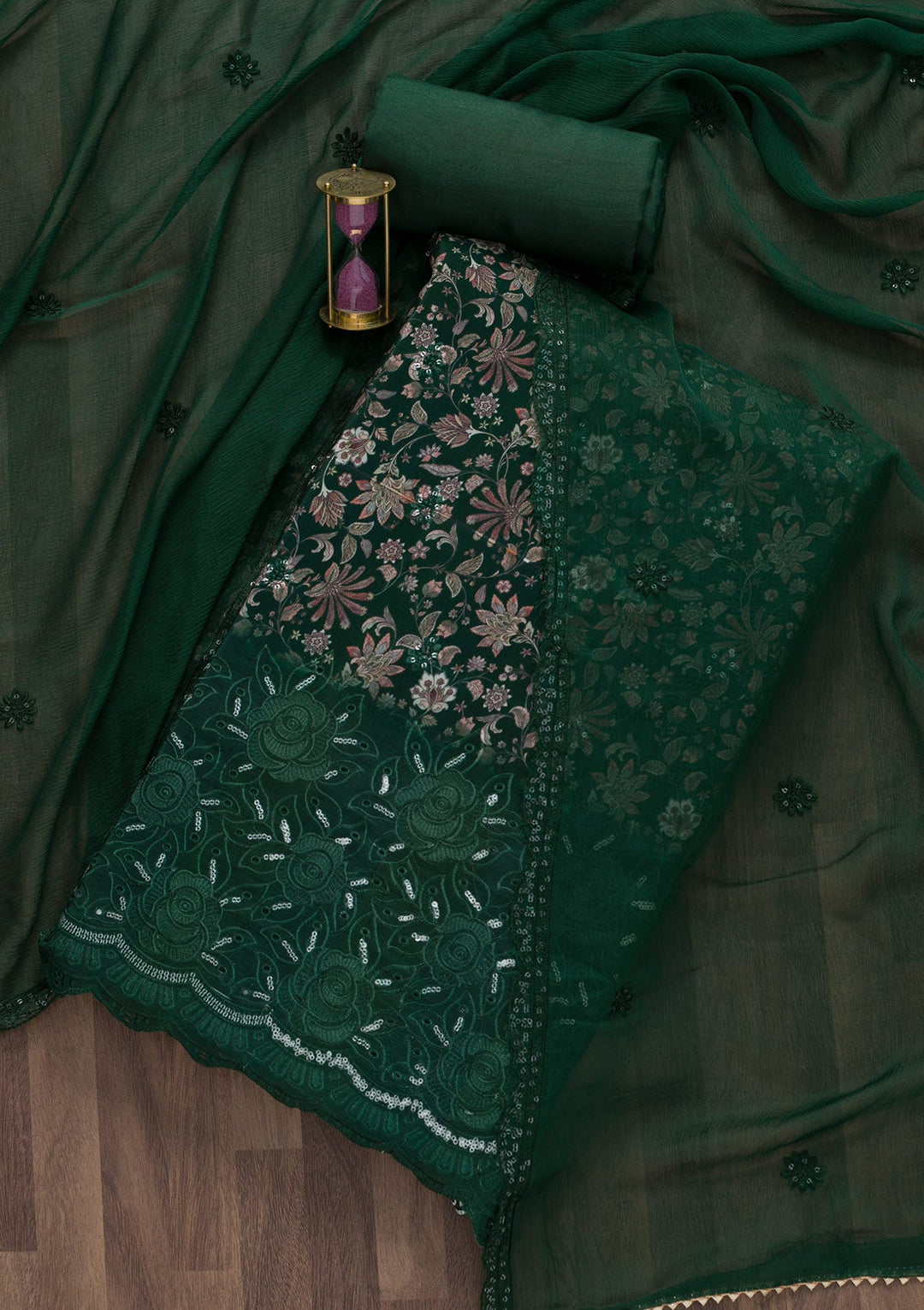 Bottle Green Printed Semi Crepe Unstitched Salwar Suit-Koskii