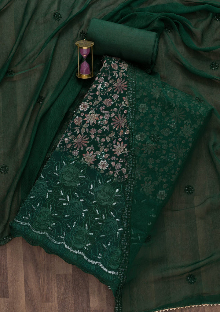 Bottle Green Printed Semi Crepe Unstitched Salwar Suit-Koskii