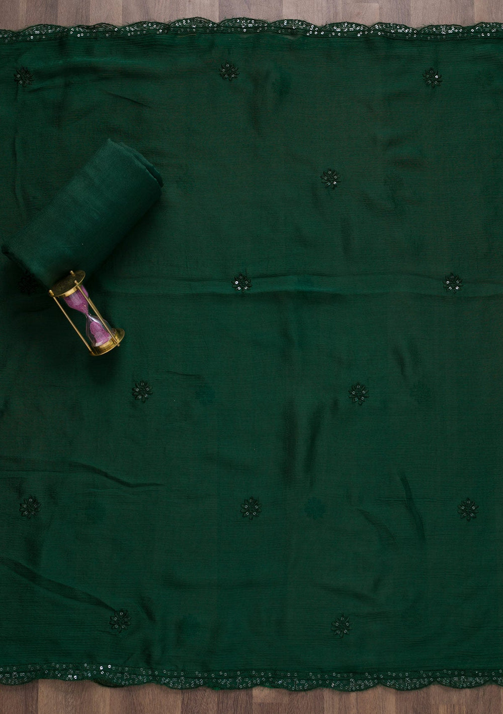Bottle Green Printed Semi Crepe Unstitched Salwar Suit-Koskii