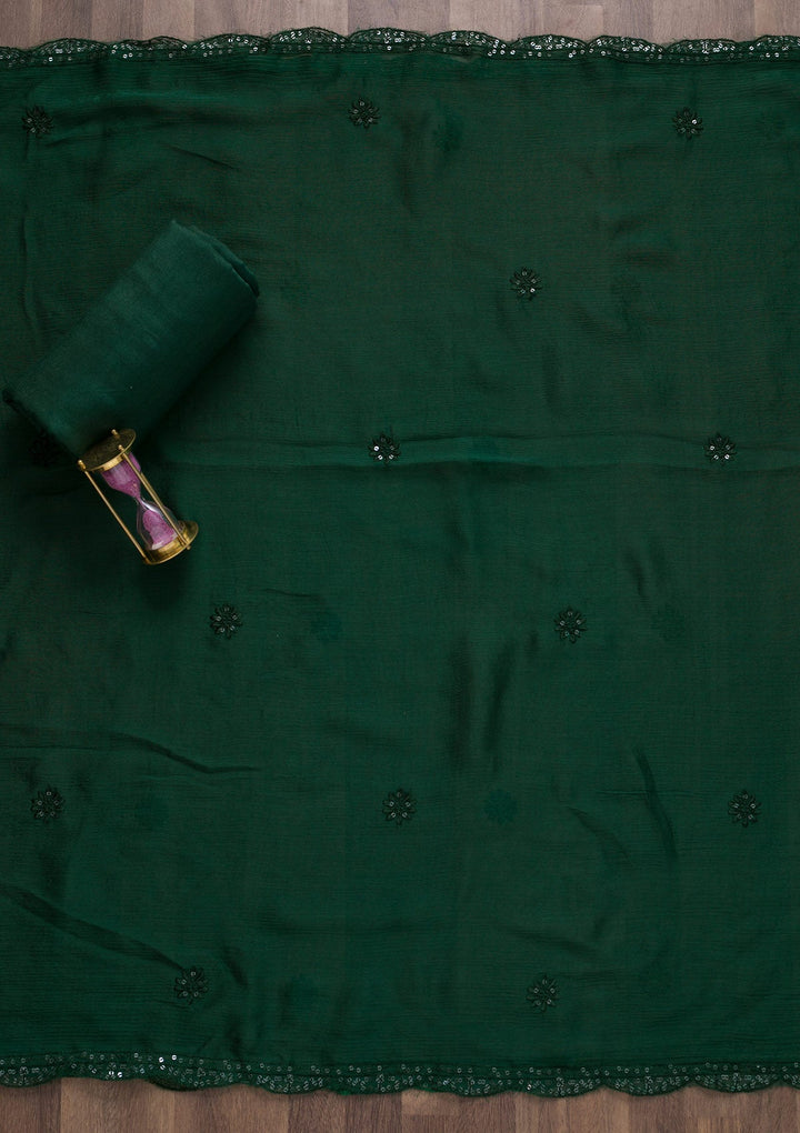 Bottle Green Printed Semi Crepe Unstitched Salwar Suit-Koskii