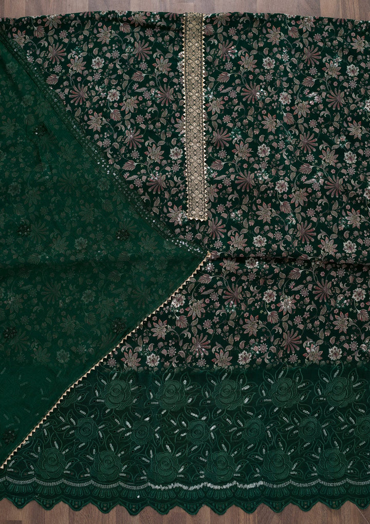 Bottle Green Printed Semi Crepe Unstitched Salwar Suit-Koskii