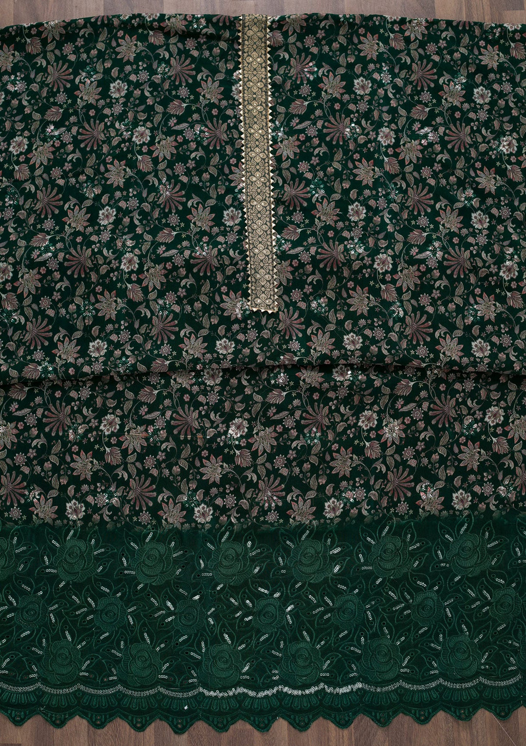 Bottle Green Printed Semi Crepe Unstitched Salwar Suit-Koskii