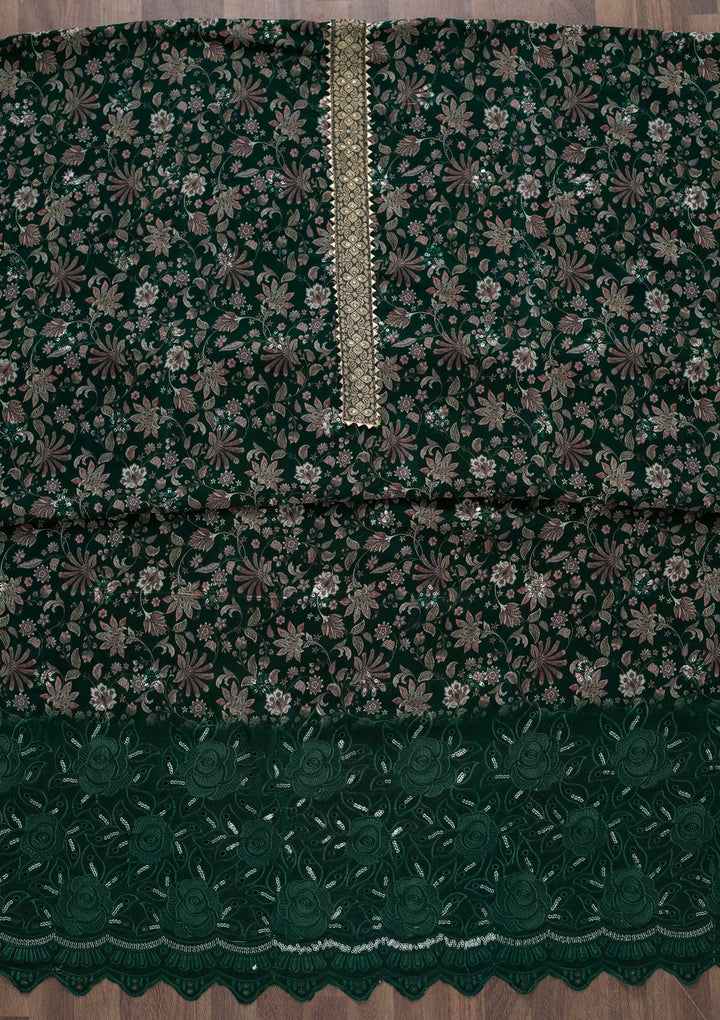 Bottle Green Printed Semi Crepe Unstitched Salwar Suit-Koskii