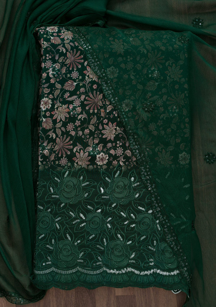 Bottle Green Printed Semi Crepe Unstitched Salwar Suit-Koskii