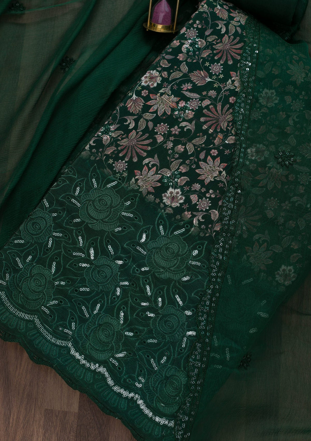 Bottle Green Printed Semi Crepe Unstitched Salwar Suit-Koskii