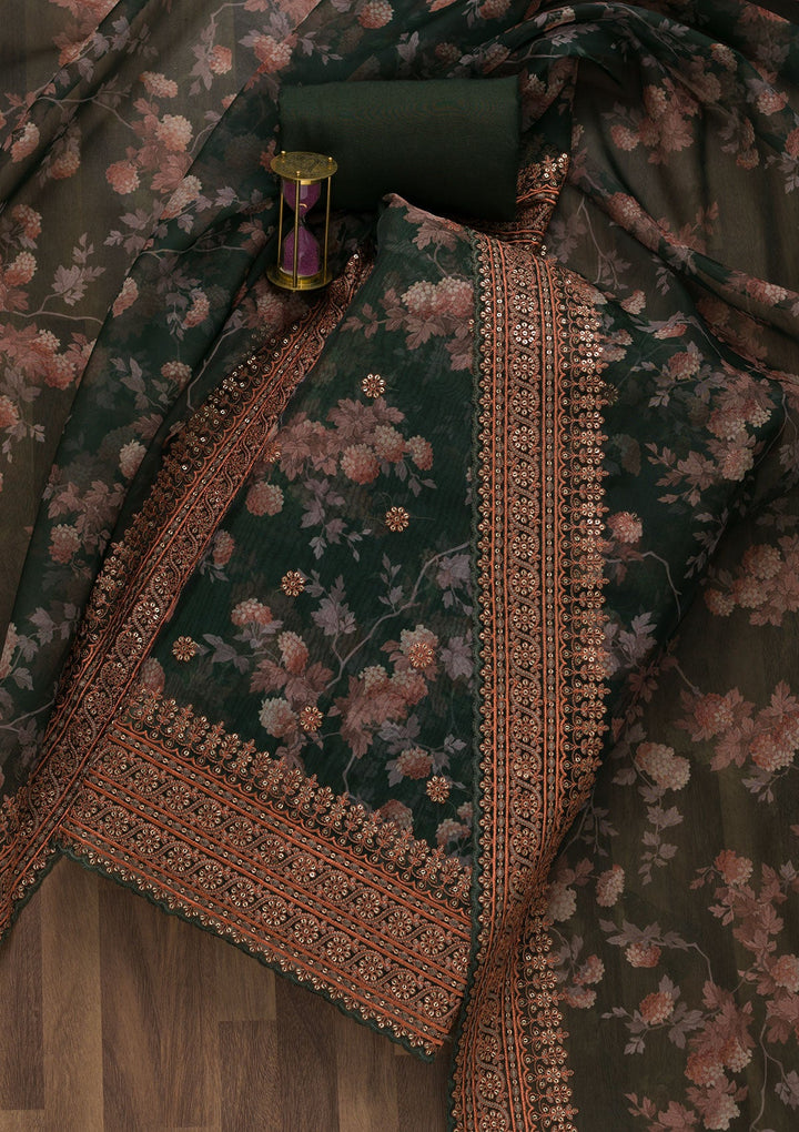 Bottle Green Printed Tissue Unstitched Salwar Suit-Koskii