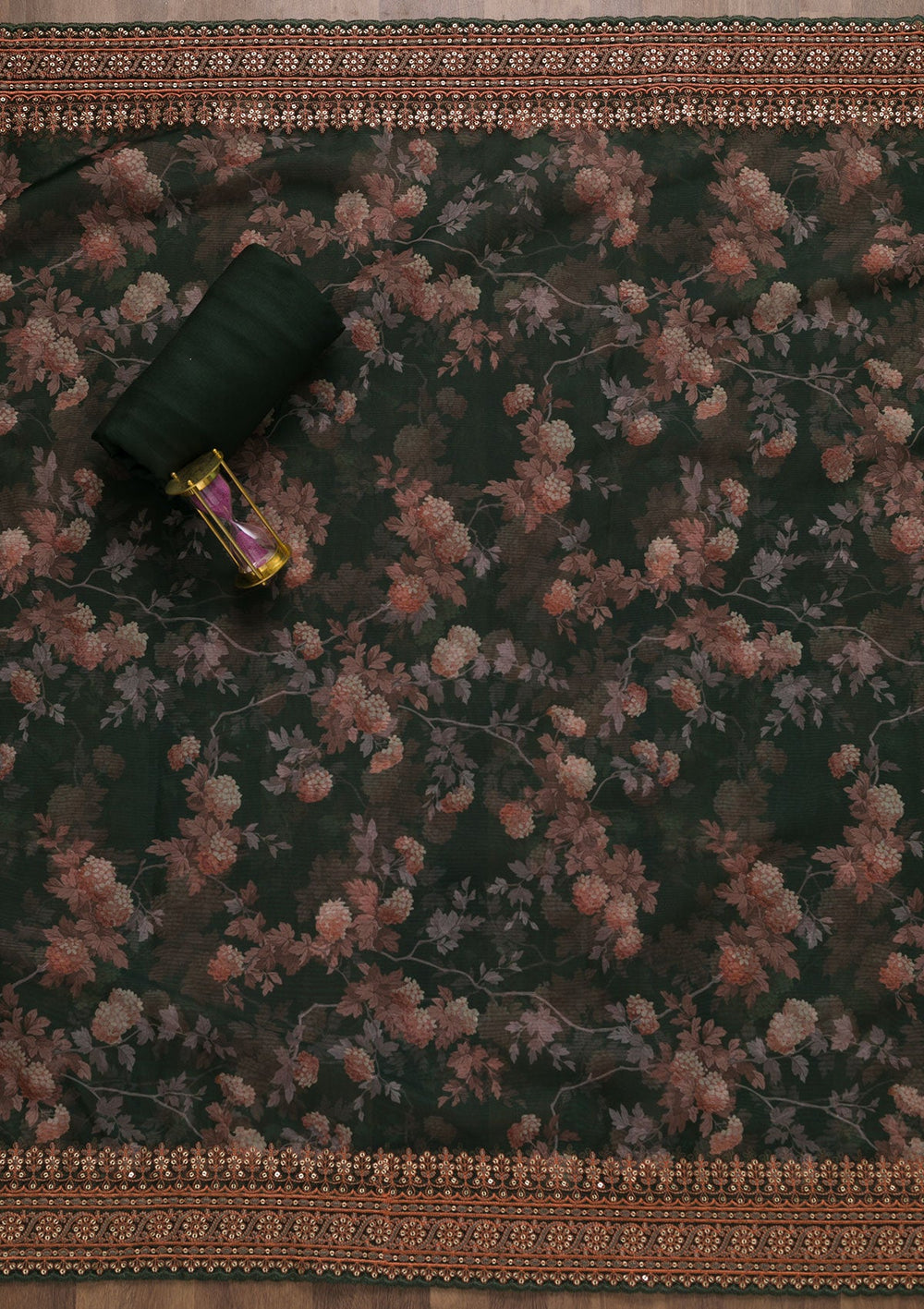 Bottle Green Printed Tissue Unstitched Salwar Suit-Koskii