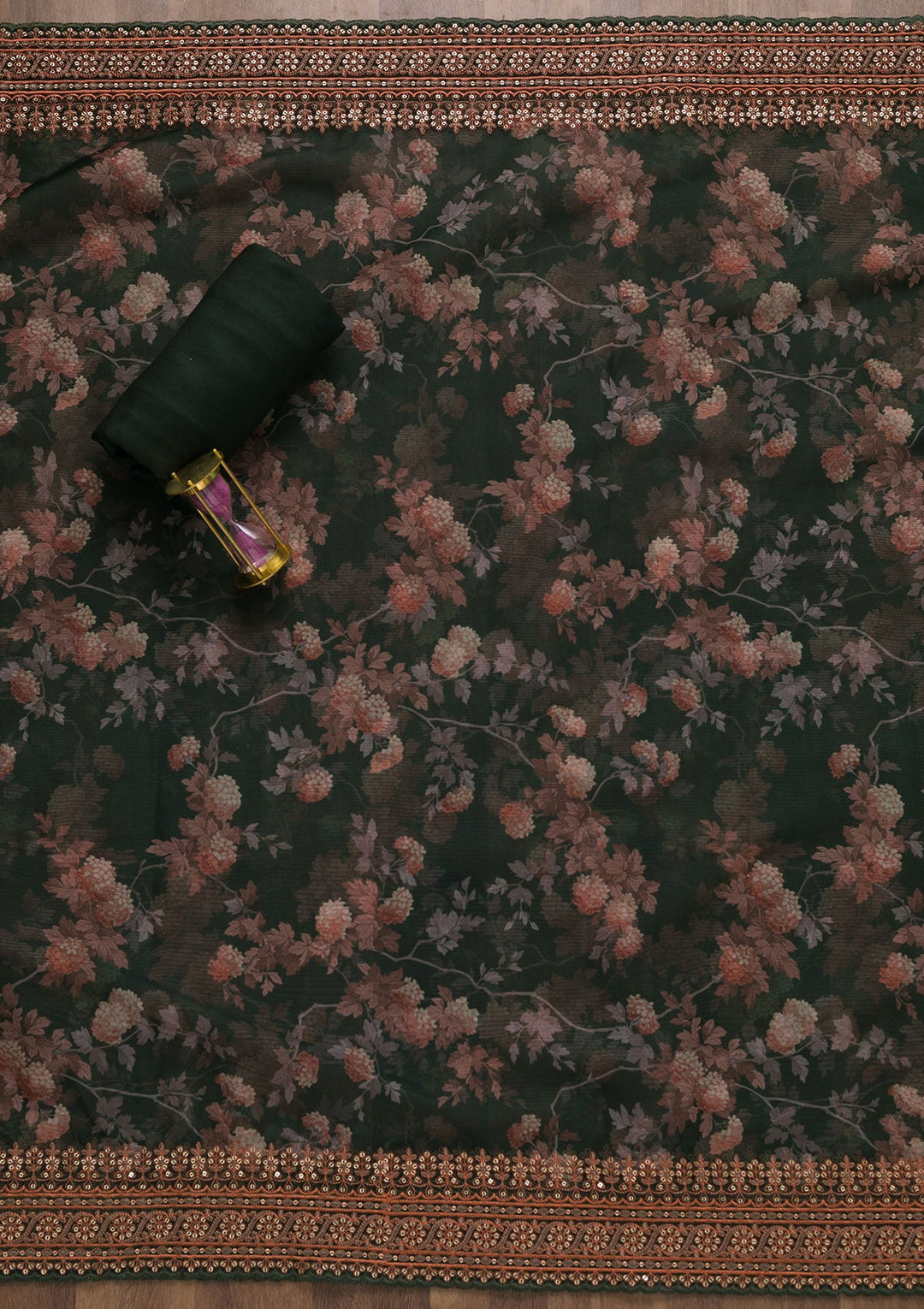 Bottle Green Printed Tissue Unstitched Salwar Suit-Koskii