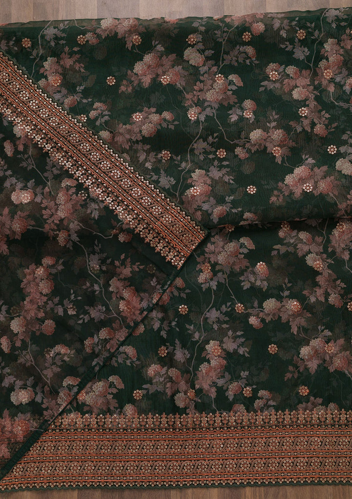 Bottle Green Printed Tissue Unstitched Salwar Suit-Koskii