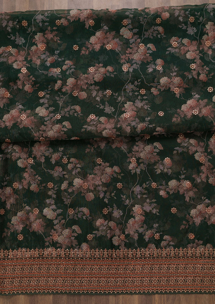 Bottle Green Printed Tissue Unstitched Salwar Suit-Koskii