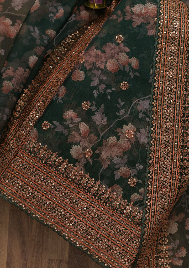 Bottle Green Printed Tissue Unstitched Salwar Suit-Koskii