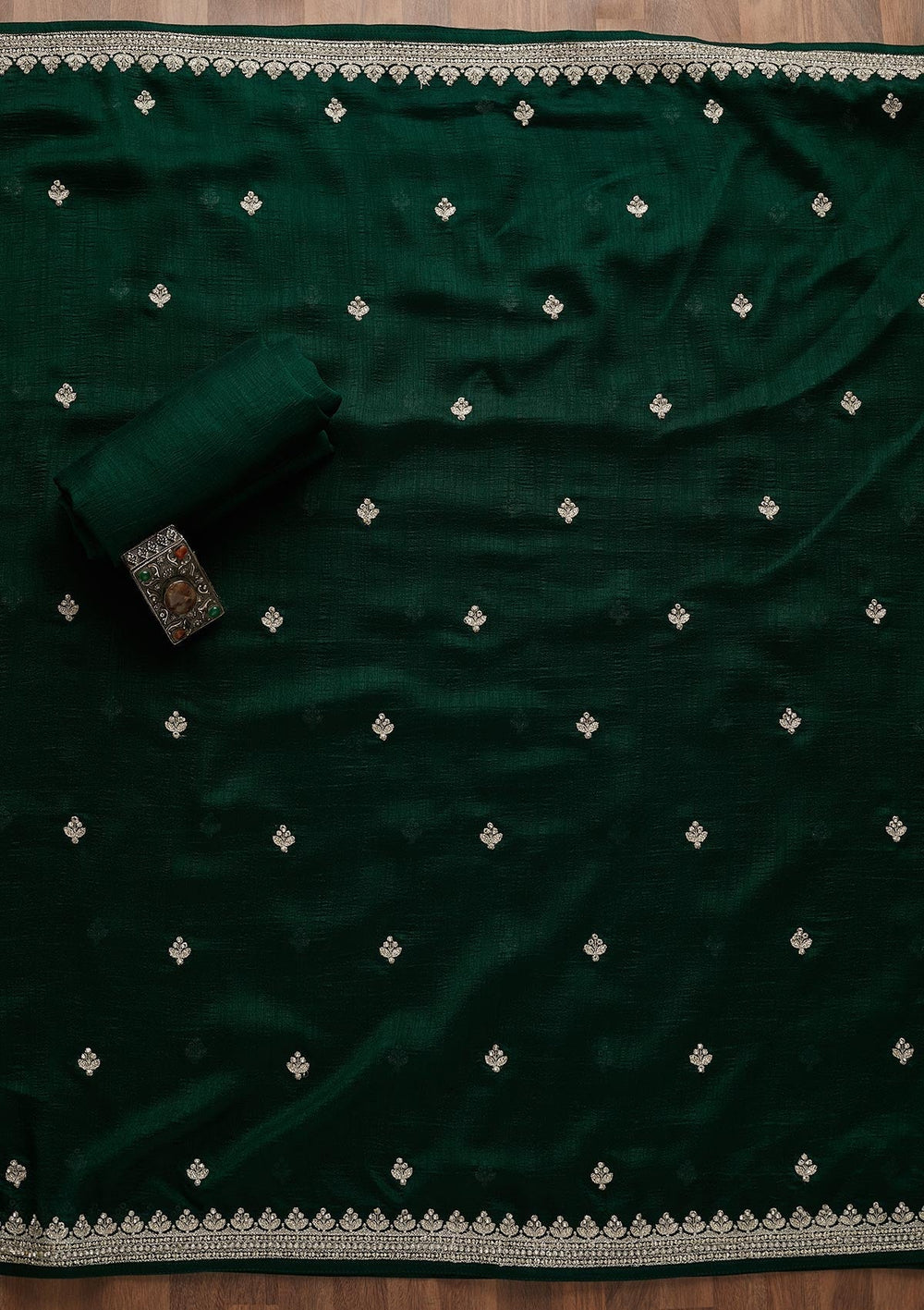 Bottle Green Silver Zariwork Raw Silk Unstitched Salwar Suit-Koskii