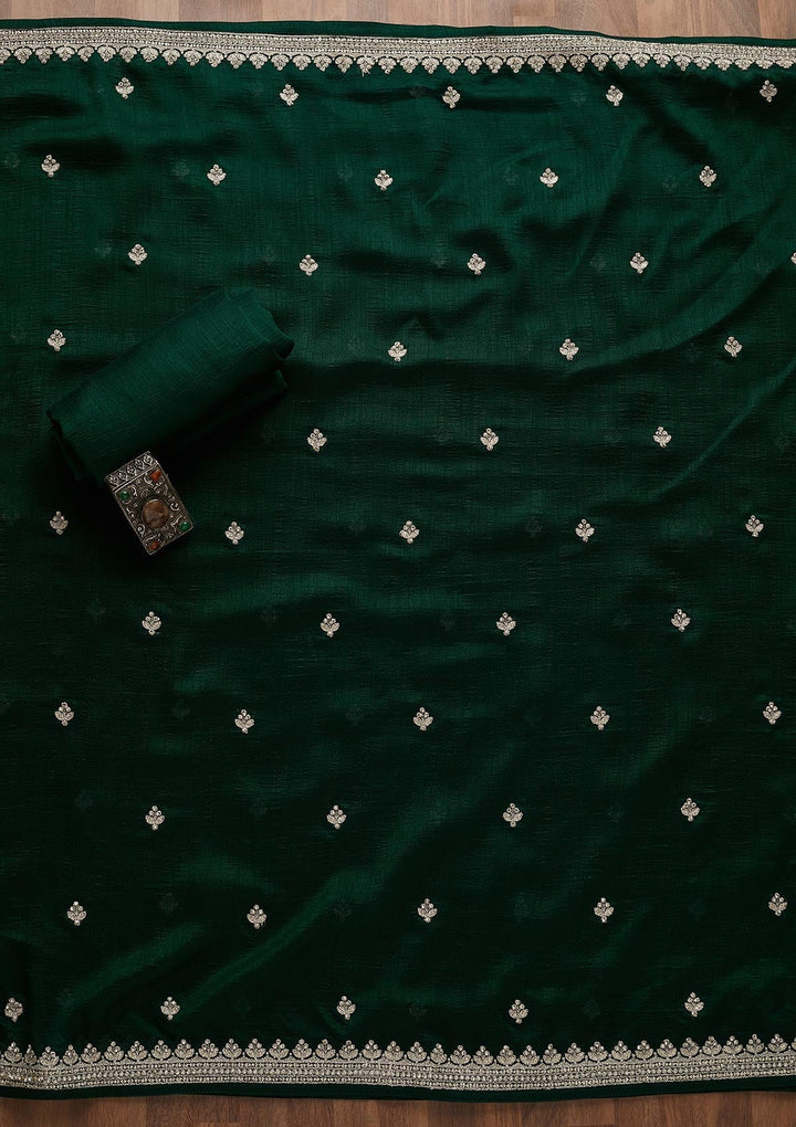 Bottle Green Silver Zariwork Raw Silk Unstitched Salwar Suit-Koskii