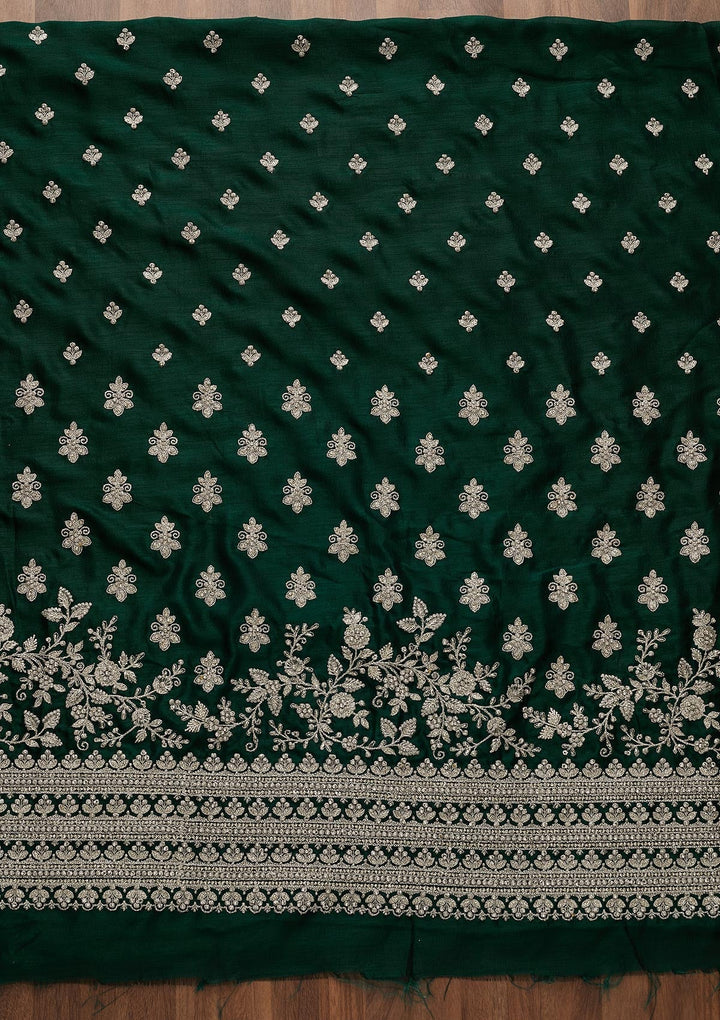 Bottle Green Silver Zariwork Raw Silk Unstitched Salwar Suit-Koskii