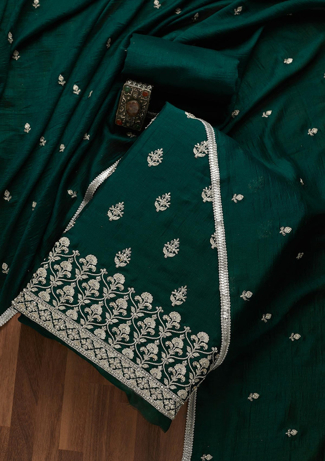 Bottle Green Silver Zariwork Raw Silk Unstitched Salwar Suit-Koskii
