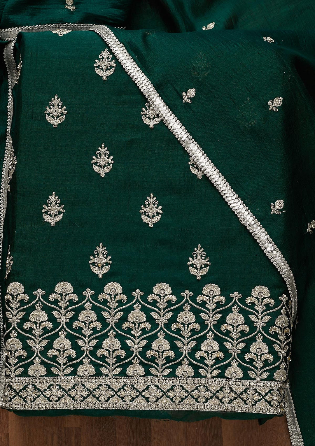 Bottle Green Silver Zariwork Raw Silk Unstitched Salwar Suit-Koskii