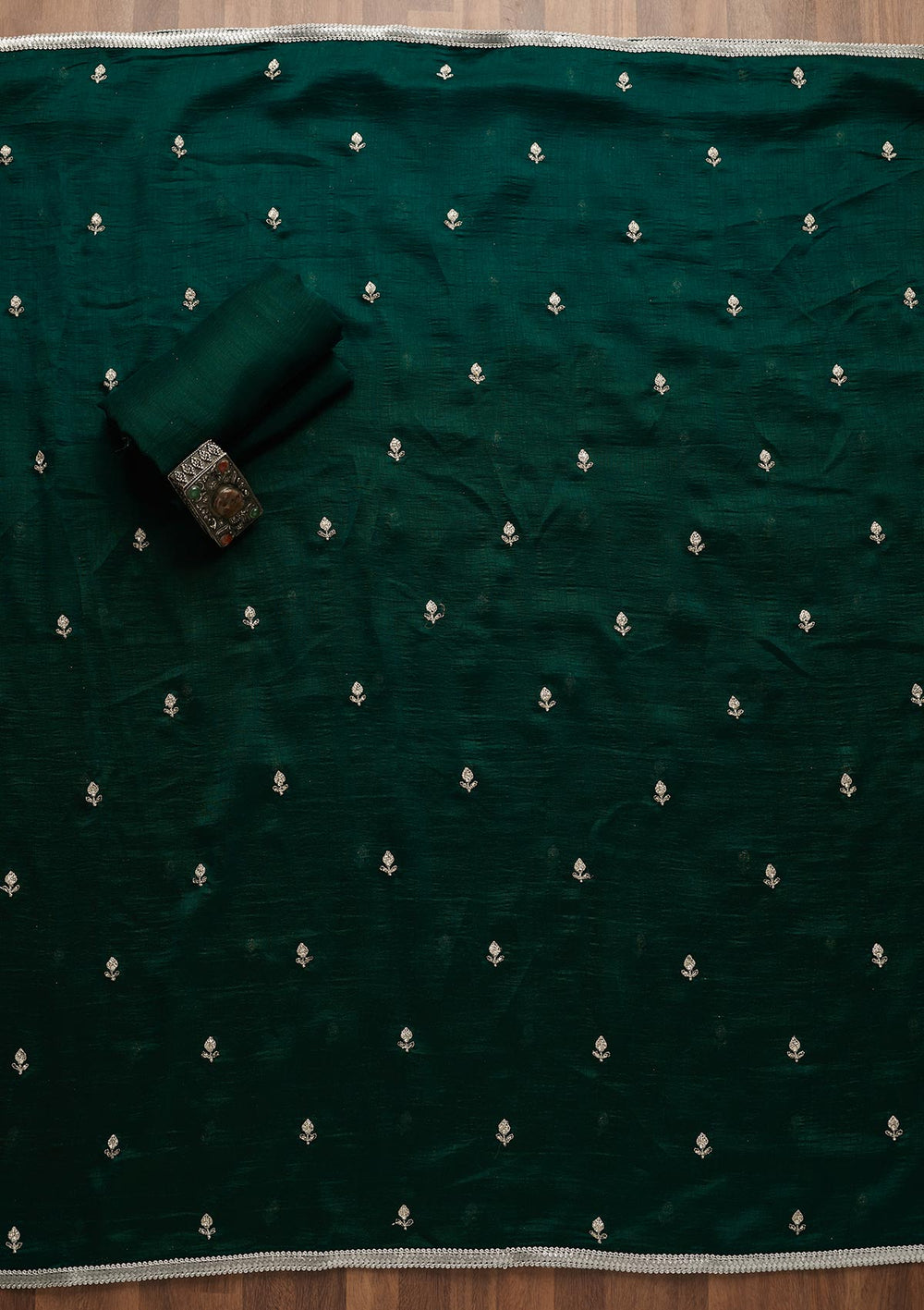 Bottle Green Silver Zariwork Raw Silk Unstitched Salwar Suit-Koskii
