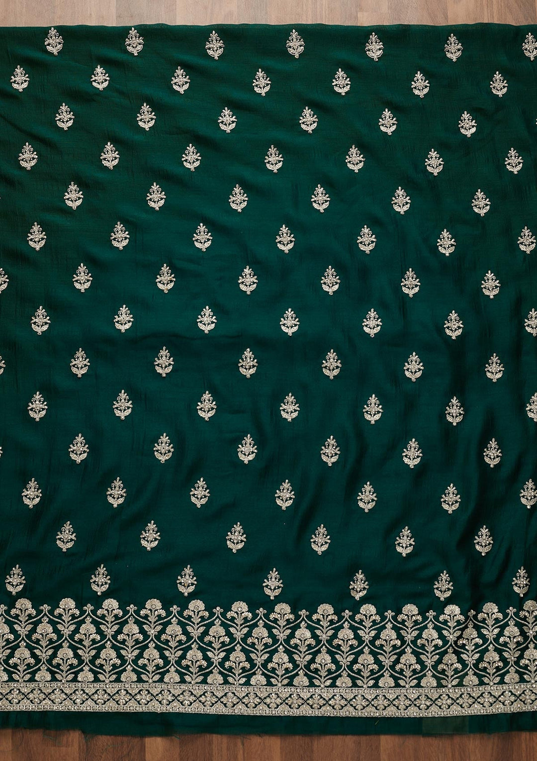 Bottle Green Silver Zariwork Raw Silk Unstitched Salwar Suit-Koskii