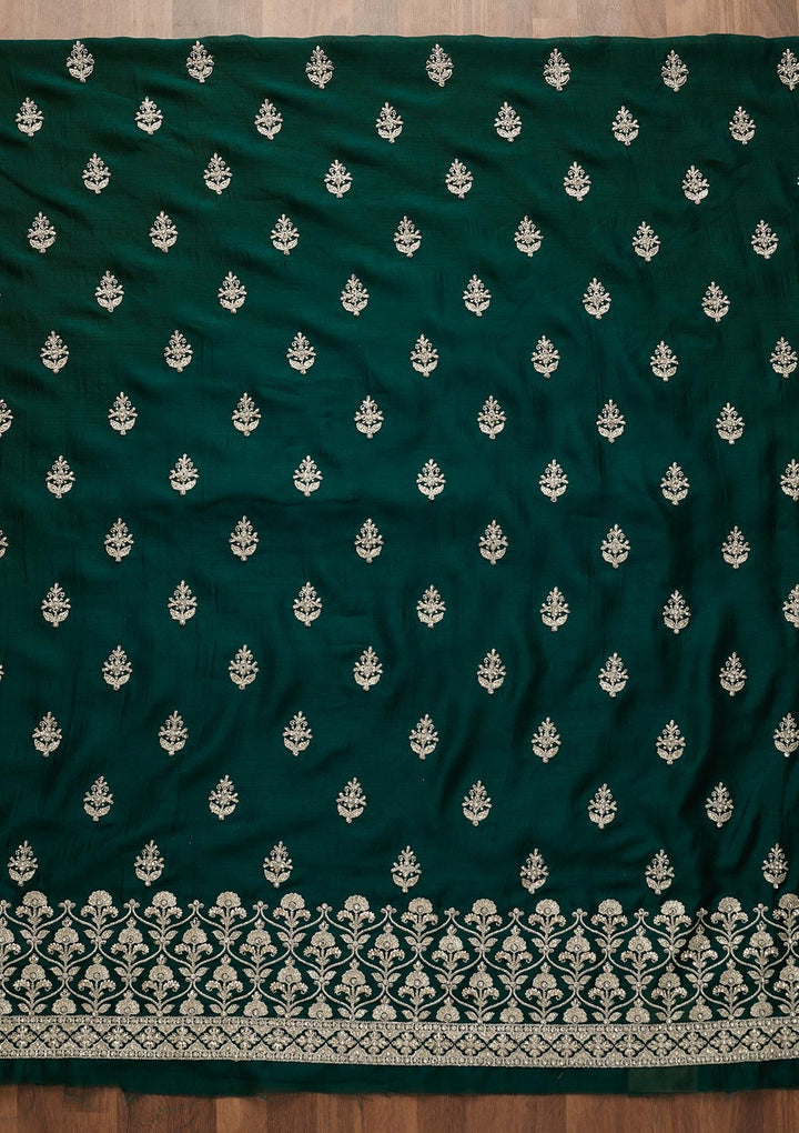 Bottle Green Silver Zariwork Raw Silk Unstitched Salwar Suit-Koskii
