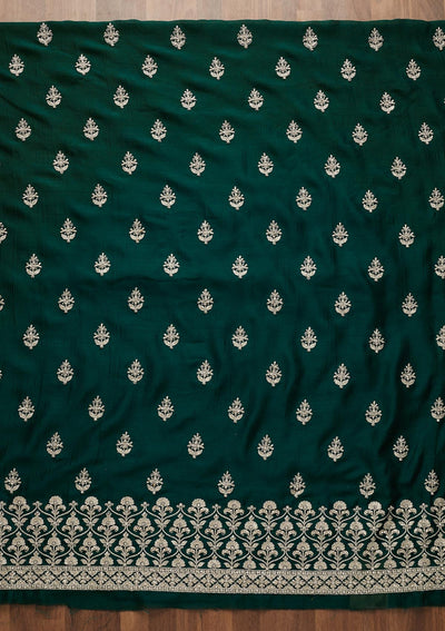 Bottle Green Silver Zariwork Raw Silk Unstitched Salwar Suit-Koskii