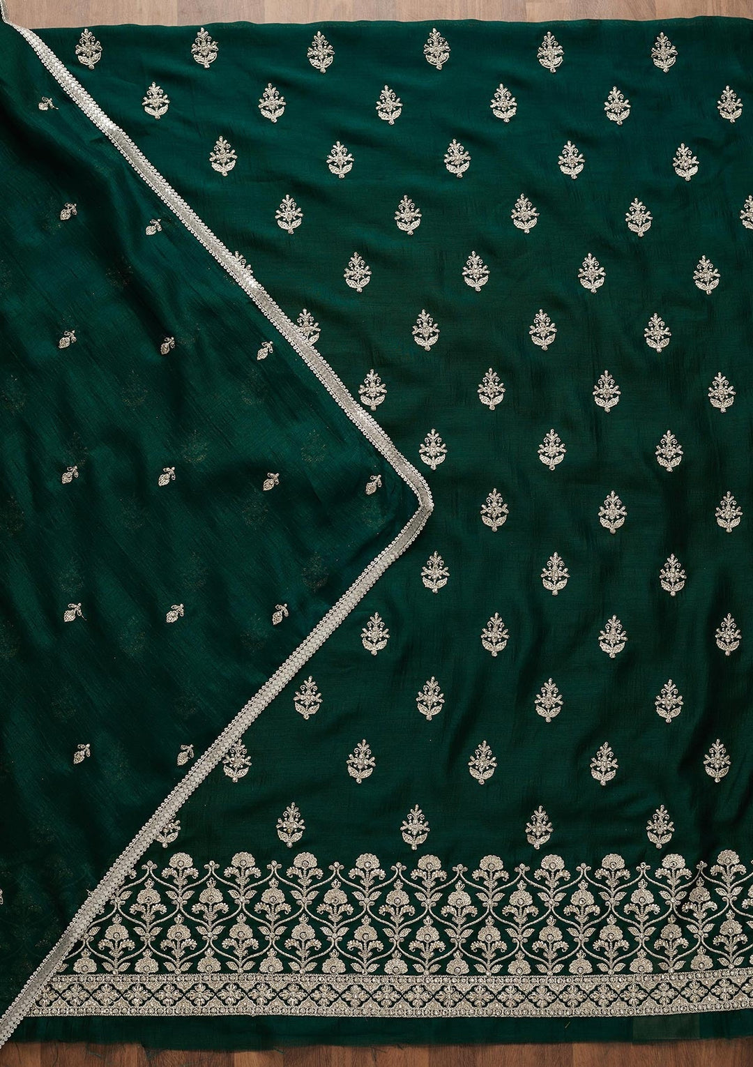 Bottle Green Silver Zariwork Raw Silk Unstitched Salwar Suit-Koskii