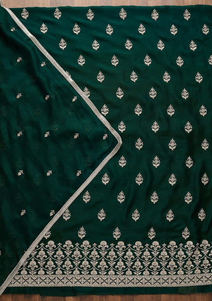 Bottle Green Silver Zariwork Raw Silk Unstitched Salwar Suit-Koskii