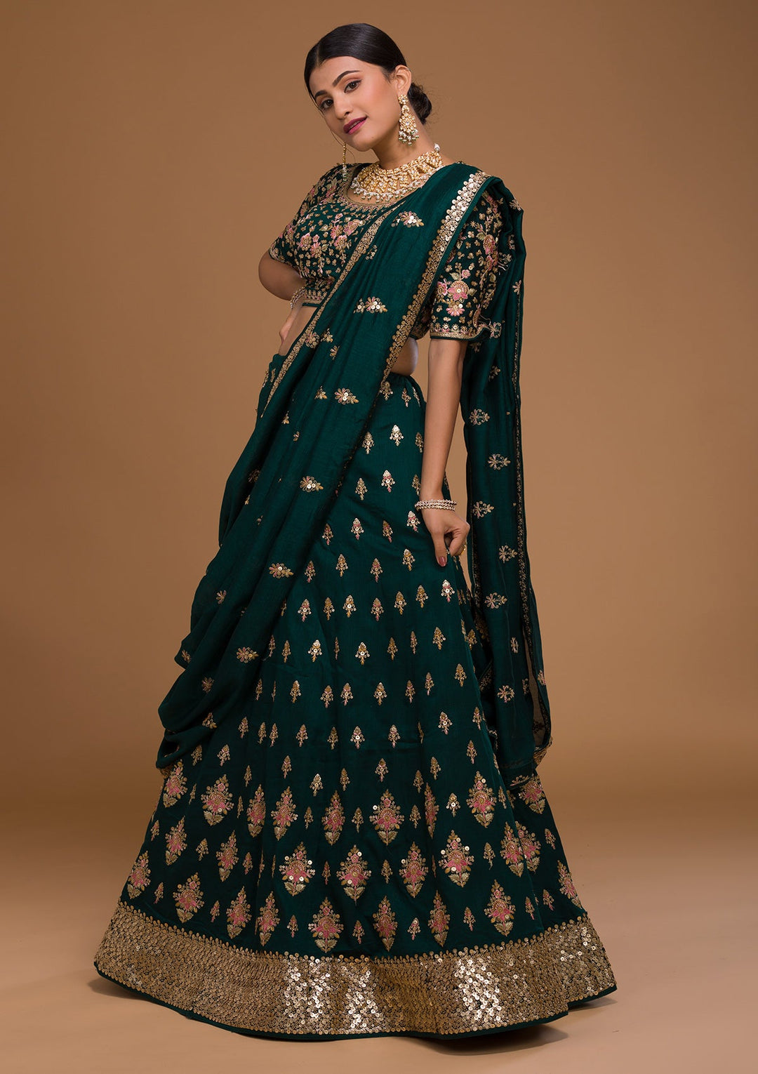 Bottle Green Sequins Georgette Designer Lehenga-Koskii