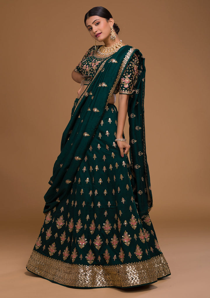 Bottle Green Sequins Georgette Designer Lehenga-Koskii