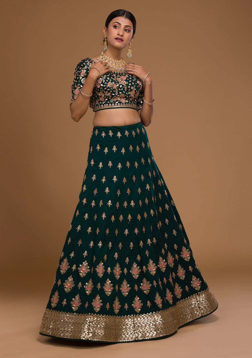 Bottle Green Sequins Georgette Designer Lehenga-Koskii